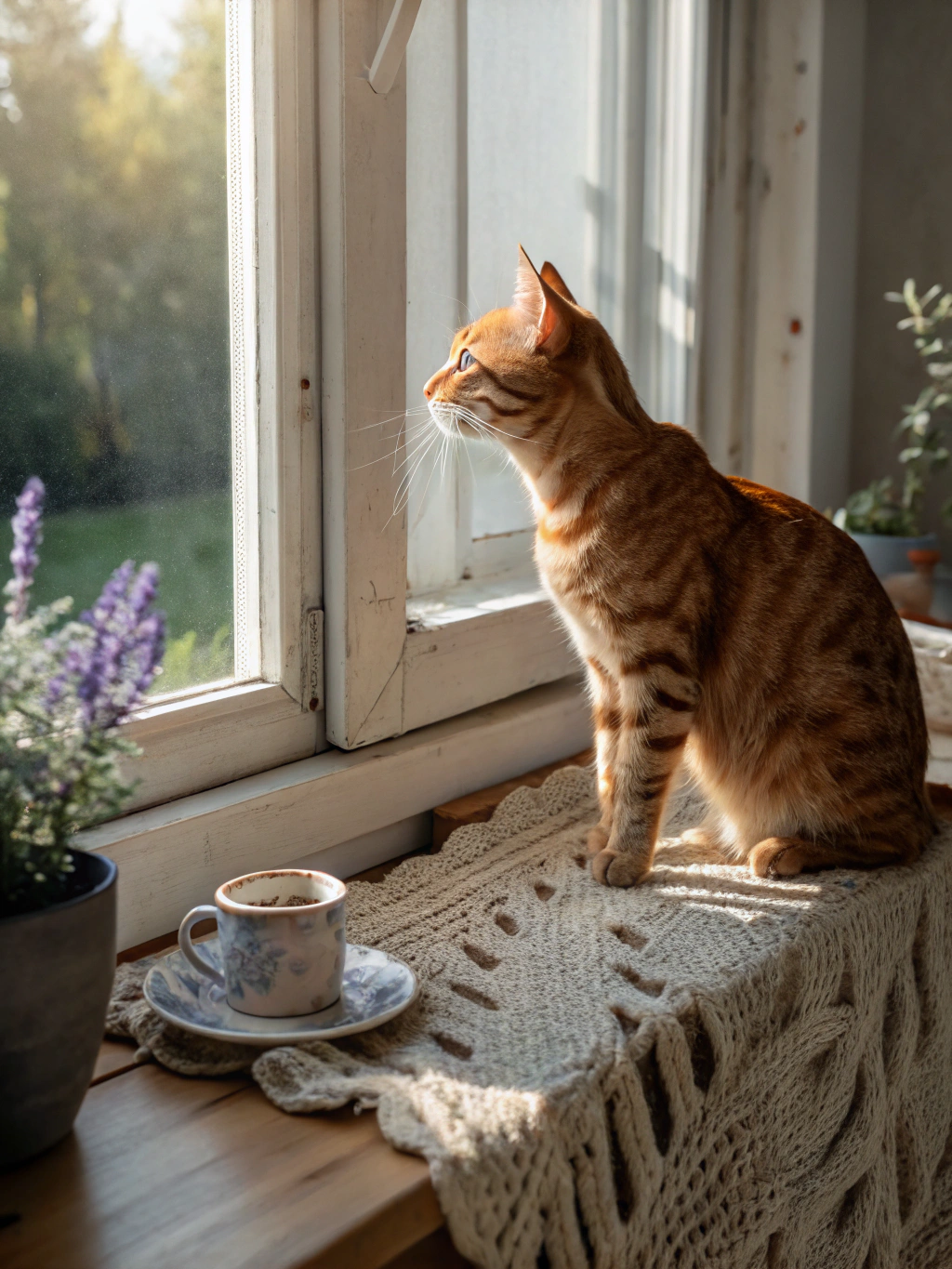 Calm feline resident watching the birds