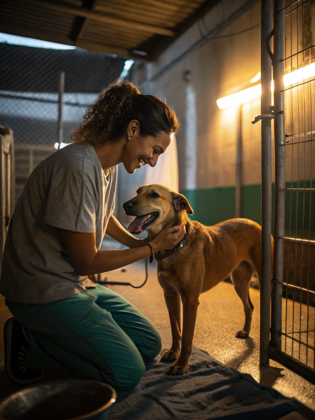 A happy dog being hugged by a volunteer